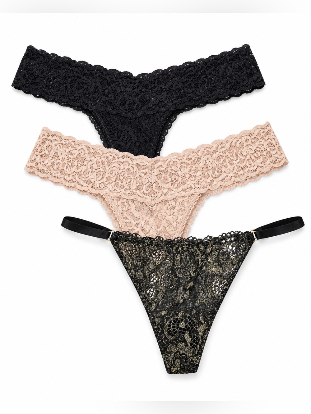 Victoria’s Secret Lace Thong Panty Lot 3 Black Nude Strappy One Size